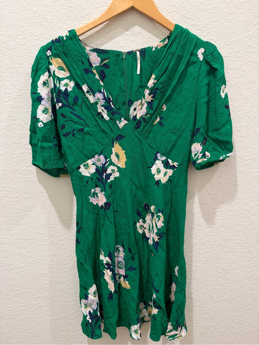 Free People Green Floral Puff Sleeve Mini Dress Empire Waist Size 8